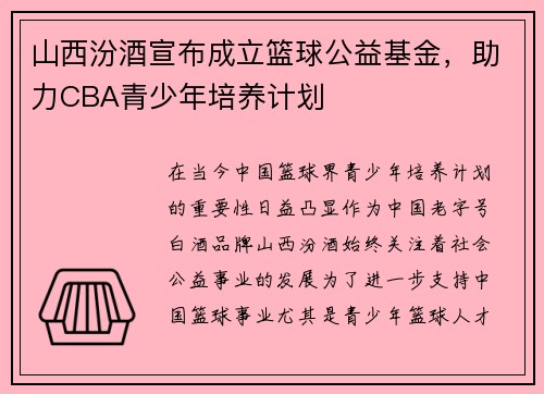 山西汾酒宣布成立篮球公益基金，助力CBA青少年培养计划